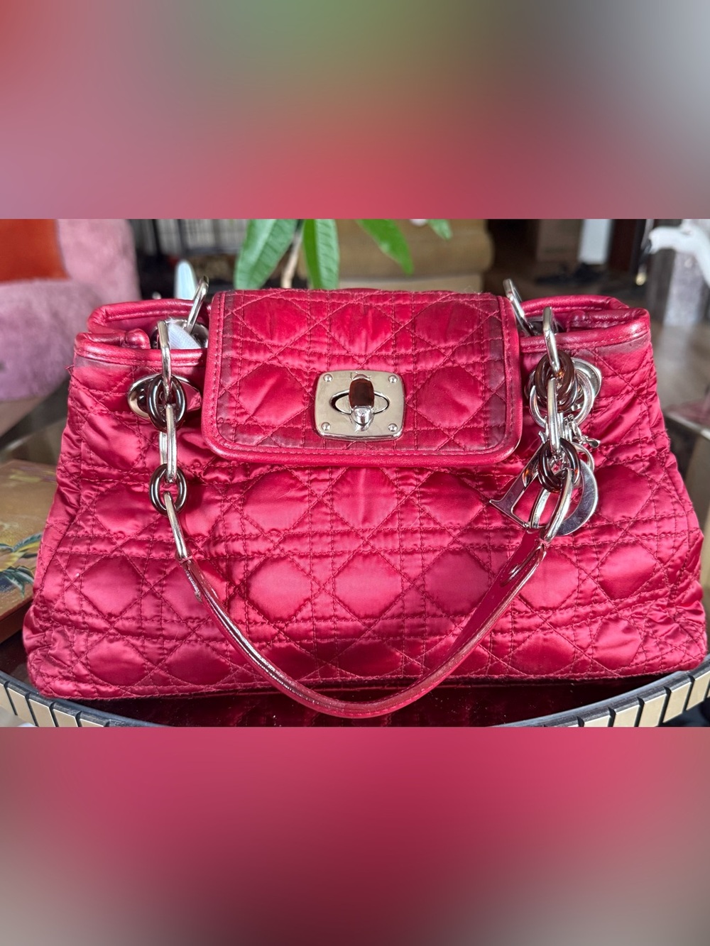 Authentic - Dior Cannage Quilted Satin Shoulder Bag in Burgundy